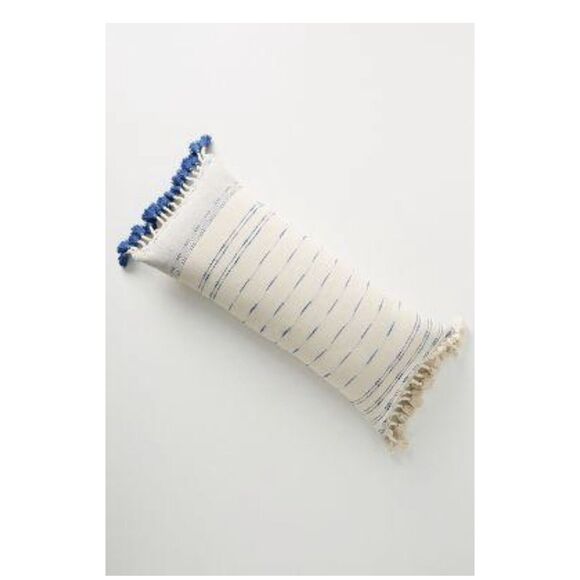 New Anthropologie Nayo Blue Striped Tasseled Lumbar Pillow 12 x 27